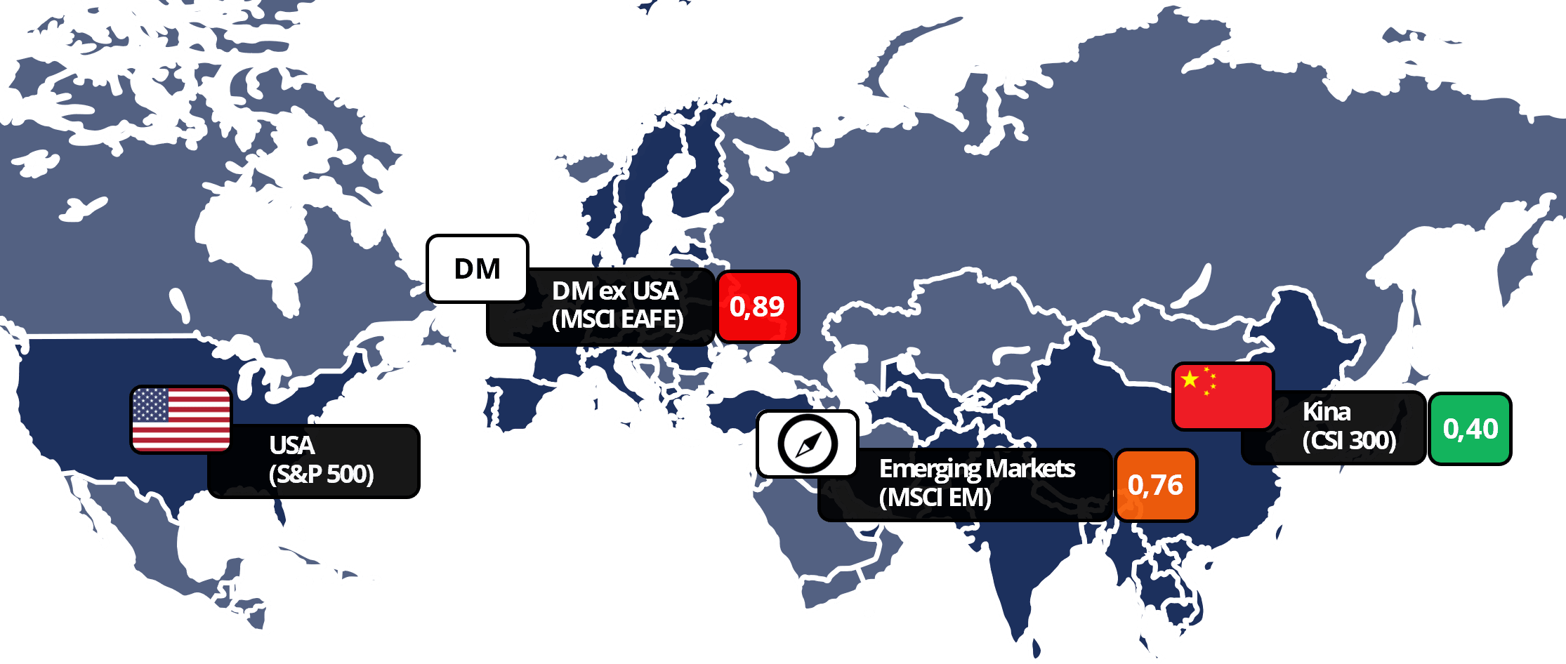 Världskarta visar korrelationer mellan olika aktieindex och Kinas CSI 300-index